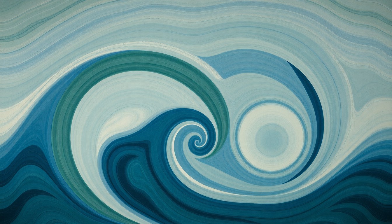 A bold, abstract painting in muted tones of blue, green, and gray, featuring sweeping geometric arcs, concentric circles, and precise spirals that conceptually represent the complex forces and currents of the Atlantic Meridional Overturning Circulation, a critical ocean system that is now showing signs of weakening.