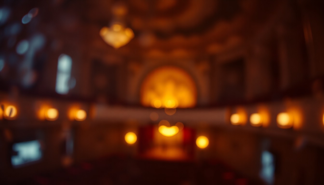 An impressionistic, out-of-focus photograph of a dimly lit theatre interior, with soft pools of warm light and color creating a nostalgic and atmospheric mood.
