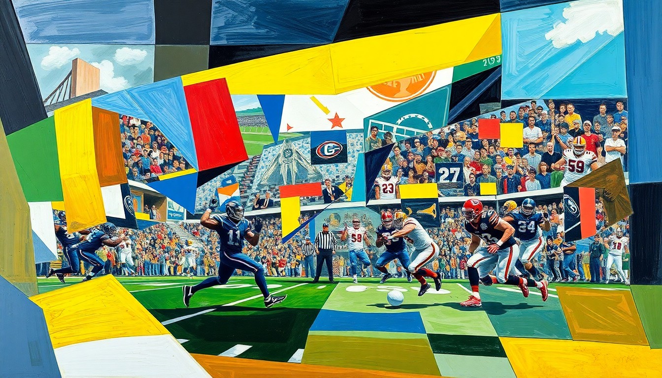 A cubist, geometric painting depicting the fractured, multi-perspective action of a high-energy football game, capturing the intensity and energy of the recruiting battle for a top quarterback prospect.