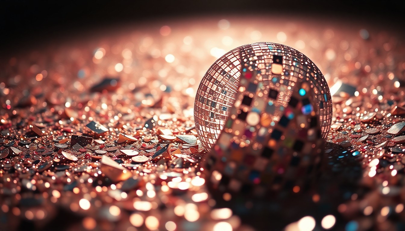 An abstract close-up image of shimmering sequins and shattered glass, capturing the glitz and energy of a music festival performance.