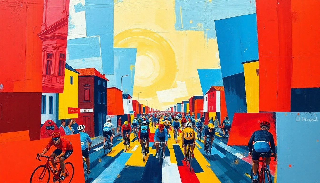 A cubist-style painting depicting a fragmented, multi-angled view of a Paris-Roubaix cycling race, with the riders and cobblestones broken down into sharp, geometric shapes in vibrant colors, capturing the raw energy and drama of the event.
