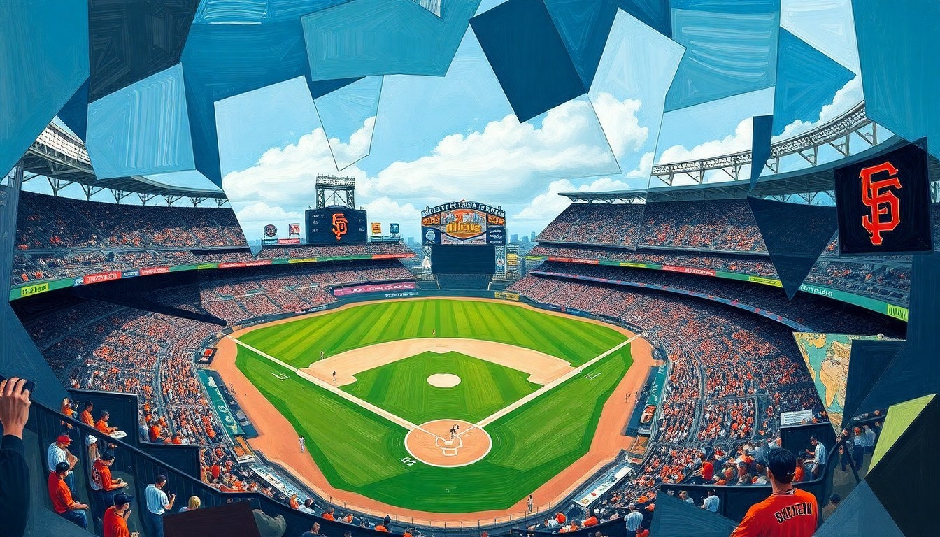 A cubist-style painting depicting a baseball game in a fractured, multi-perspective manner, with sharp, overlapping geometric shapes representing the players, field, and action.