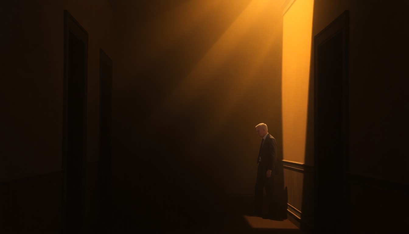 A solitary politician stands alone in a dimly lit government building hallway, the warm light and deep shadows creating a contemplative, cinematic mood that captures the high-stakes uncertainty of the next presidential race.