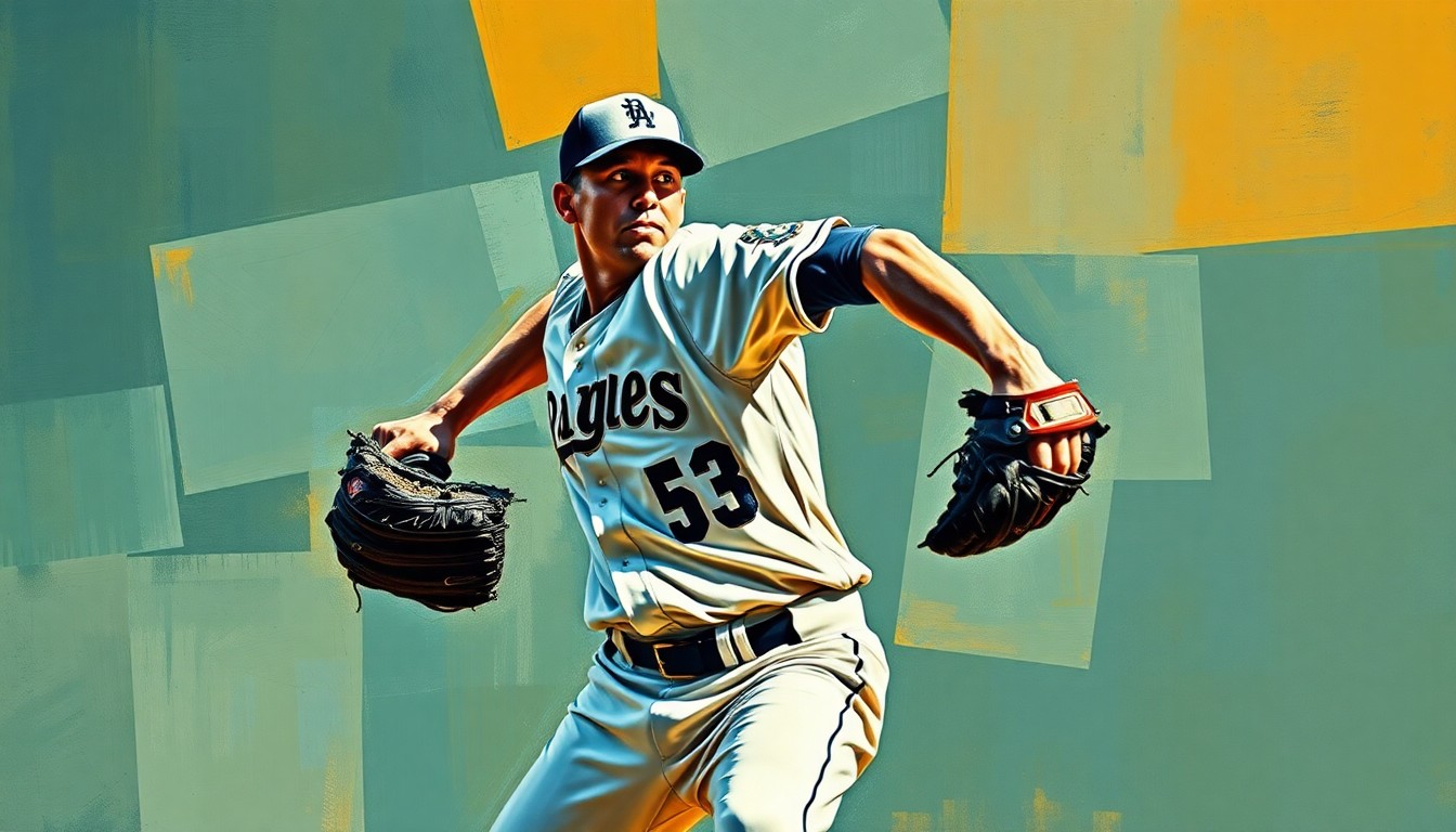 A cubist, geometric painting depicting a baseball pitcher's motion, with sharp, overlapping planes of color and form capturing the dynamic movement of the pitch.