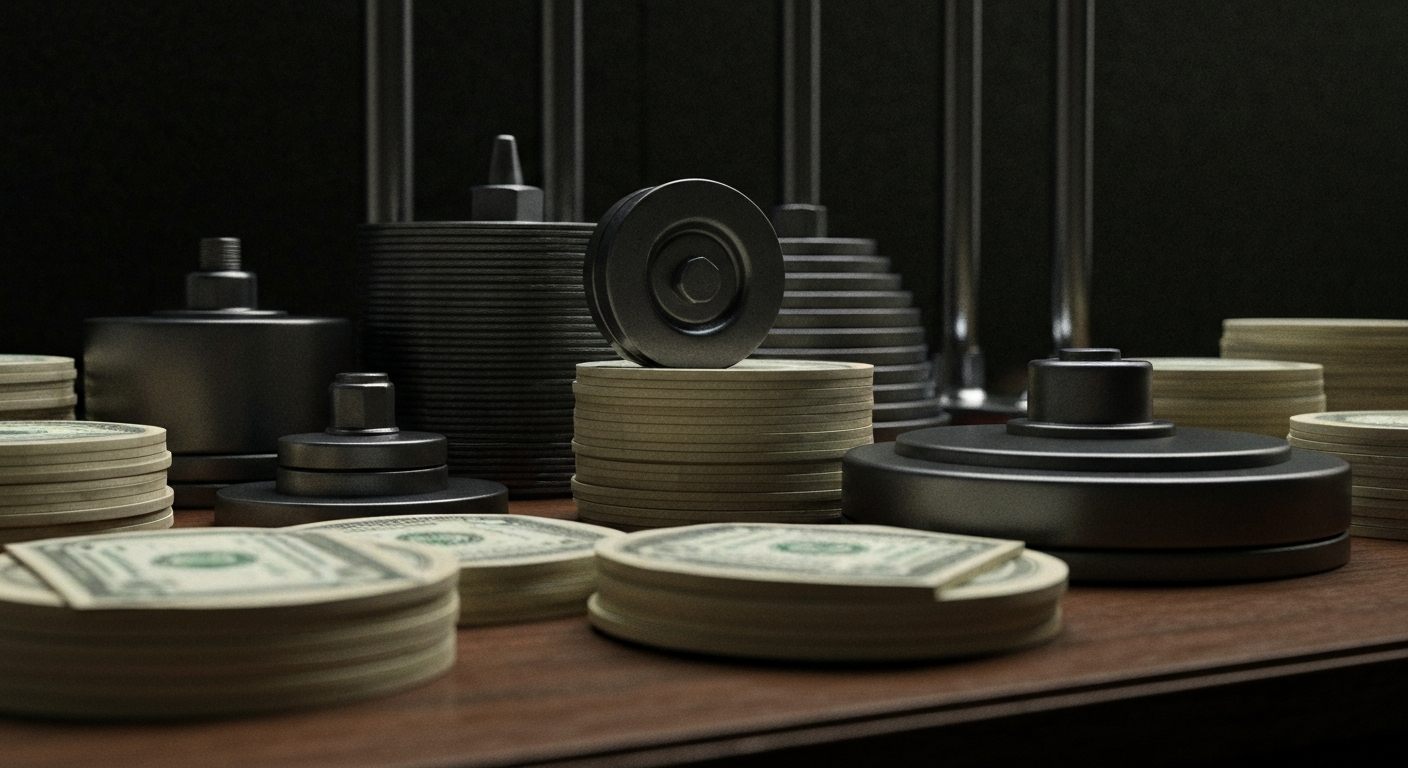 An extreme close-up of various banking and financial instruments, such as gears, levers, and electronic panels, conveying the complex and interconnected nature of the financial markets.