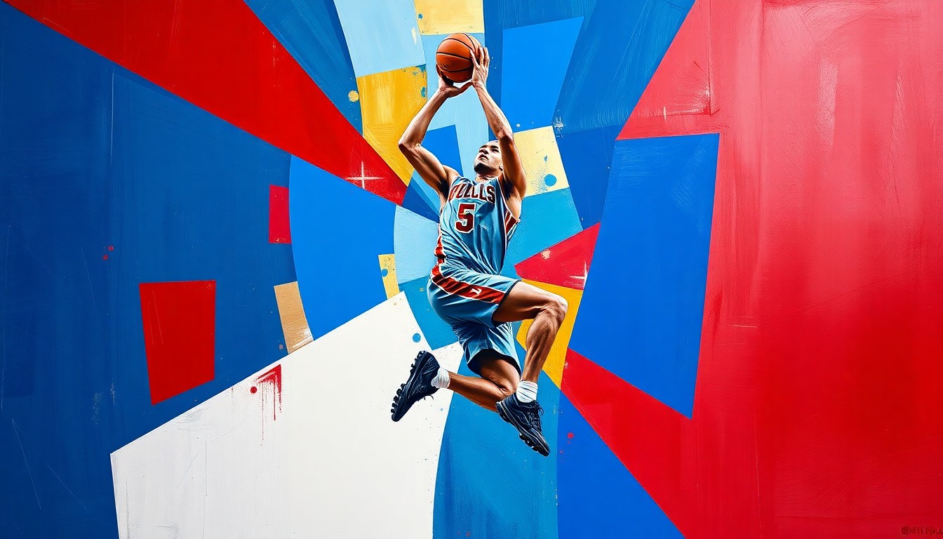 A fractured, geometric painting depicting a college basketball player in mid-motion, their form broken down into sharp, overlapping planes of vibrant blue, red, and gold hues.