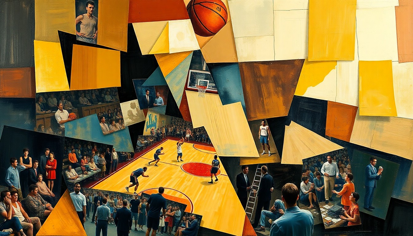 A cubist, geometric painting depicting a fragmented basketball game, with overlapping shapes and planes representing the physical demands and strategic complexities of the sport.
