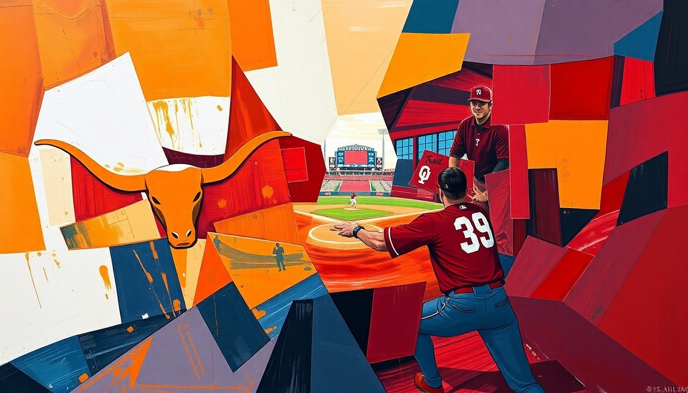 A fractured, cubist-style painting depicting the climactic moments of a softball game, with the players and field broken down into sharp, overlapping geometric shapes and planes of burnt orange, crimson, deep red, and navy blue.