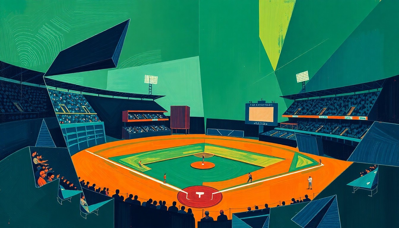 A cubist, geometric painting in navy, green, and orange hues, depicting a fragmented, multi-angled view of a baseball game or match, conceptually representing the competitive energy and leadership of Phil Garner's career.