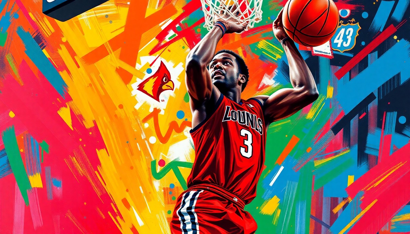 An abstract, energetic painting featuring bold, neon-colored brushstrokes that convey the explosive athleticism and shot-blocking ability of a basketball player, representing the impact Flory Bidunga will have on the Louisville Cardinals' defense.