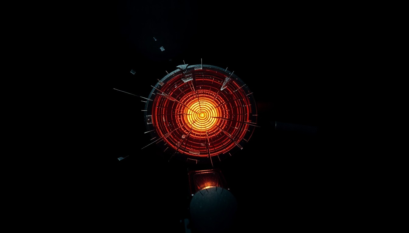 An extreme close-up photograph of a shattered scooter mirror or turn signal lens, the dramatic lighting and stark contrast creating a gritty, investigative aesthetic that conceptually represents the aftermath of a serious traffic collision.