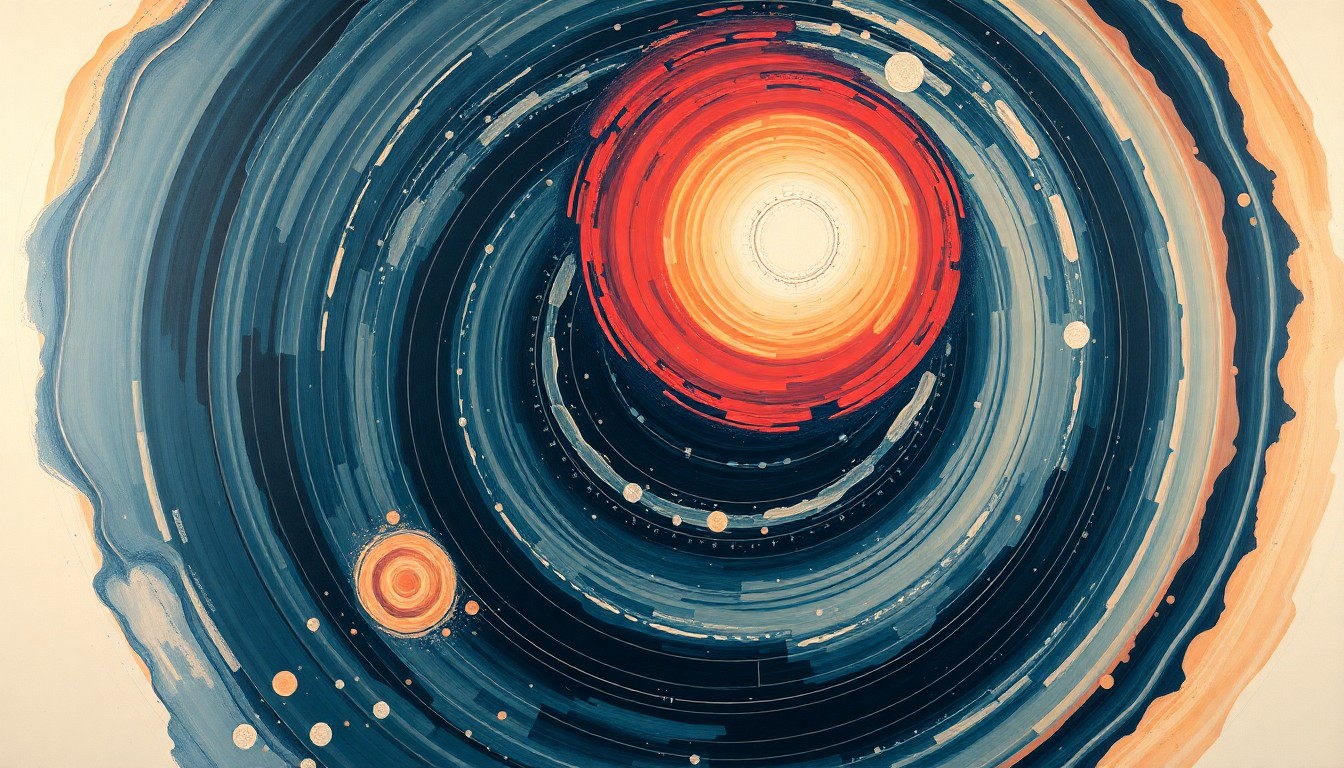 A highly structured abstract painting in soft, flat colors depicting sweeping geometric arcs, concentric circles, and precise spirals, conceptually representing the complex forces and concepts behind the Artemis II mission's successful return to Earth.