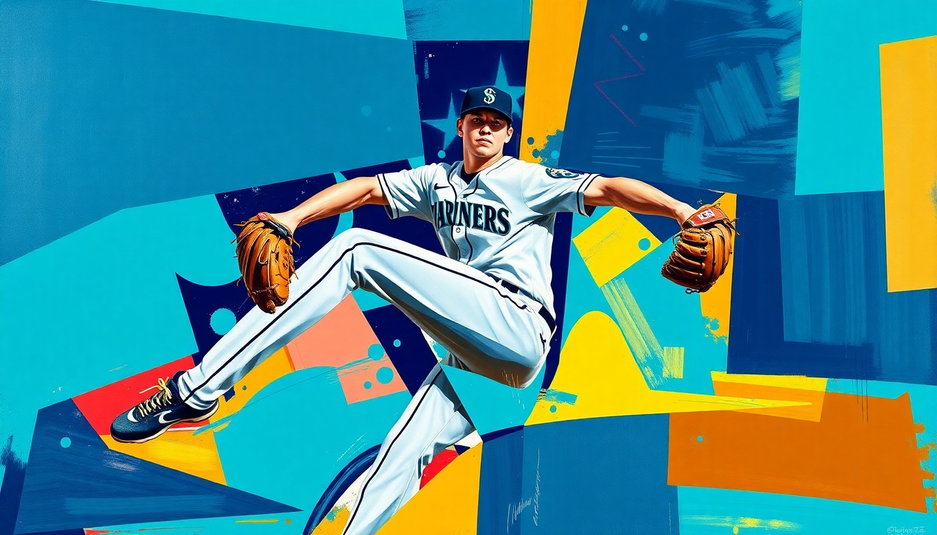 A fractured, geometric painting depicting the motion of a baseball pitcher, with sharp planes of navy blue, teal, and gold representing the dynamic movements of the Mariners' top prospect.