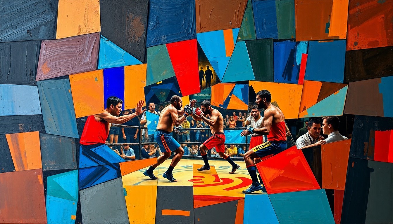 A fragmented, geometric painting in bold colors depicting a UFC fight scene, with sharp planes and overlapping perspectives conveying the dynamic action and global diversity of the sport.