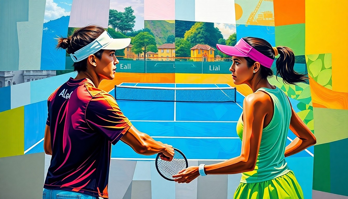 A fractured, multi-perspective painting in vibrant colors, breaking down the tennis match between two players into sharp, overlapping geometric planes, capturing the dynamic energy of the competition.