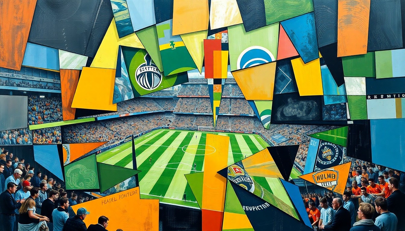 A cubist-style painting featuring sharp, overlapping geometric shapes in shades of blue, green, and red, capturing the intensity and movement of a soccer match between two teams.