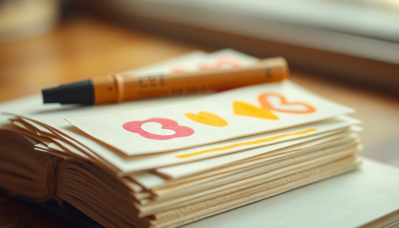 An abstract, blurred photograph showing a stack of colorful, handmade paper bookmarks, conveying a sense of warmth, thoughtfulness, and personal connection.