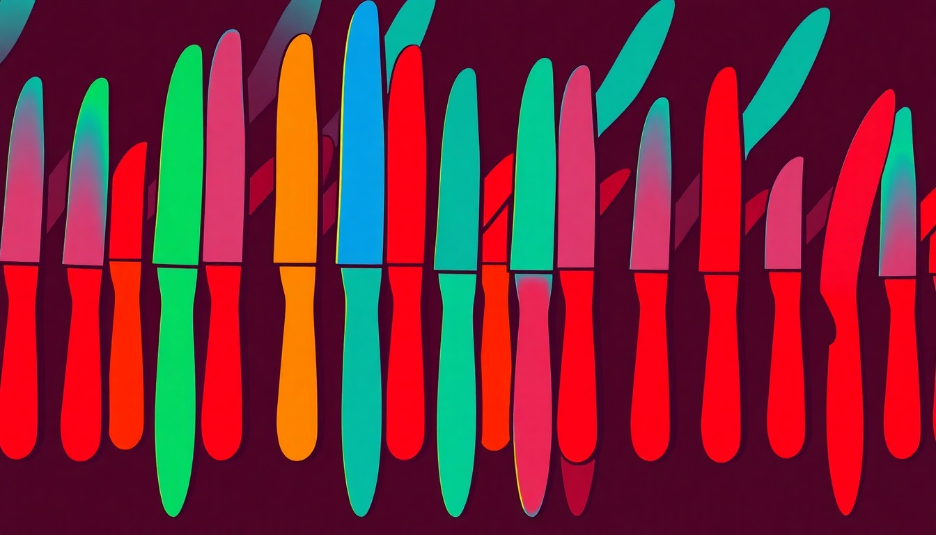 A bold, colorful silkscreen print featuring a repeated image of a steak knife in vibrant neon hues, conceptually representing the high-end steakhouse experience coming to Rumson.