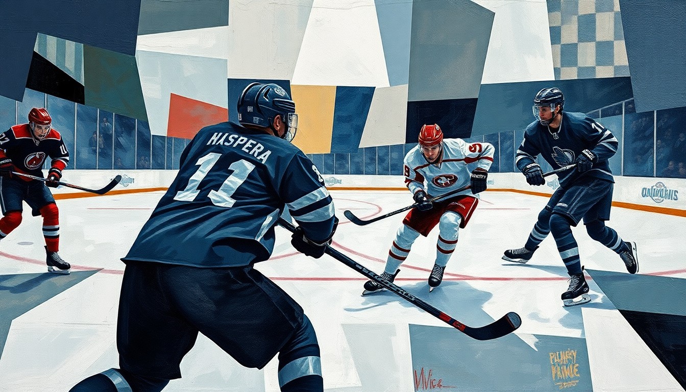 A fragmented, geometric painting in bold colors depicting the dynamic movements and energy of a hockey game, with the players' forms broken down into abstract shapes and lines.