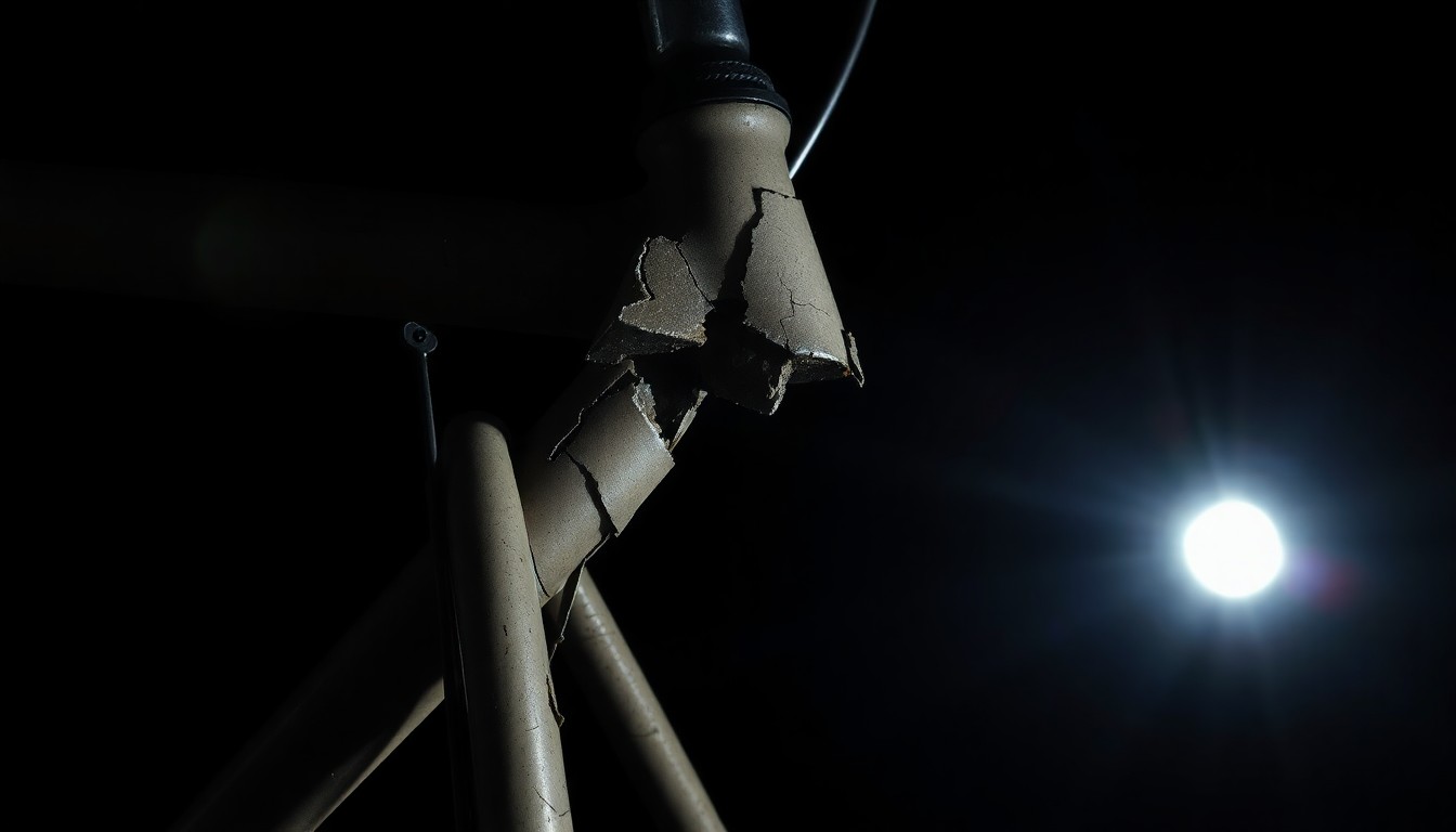 An extreme close-up photograph of a damaged bicycle part or vehicle component, capturing the stark, gritty aftermath of a collision between a vehicle and a bicycle.