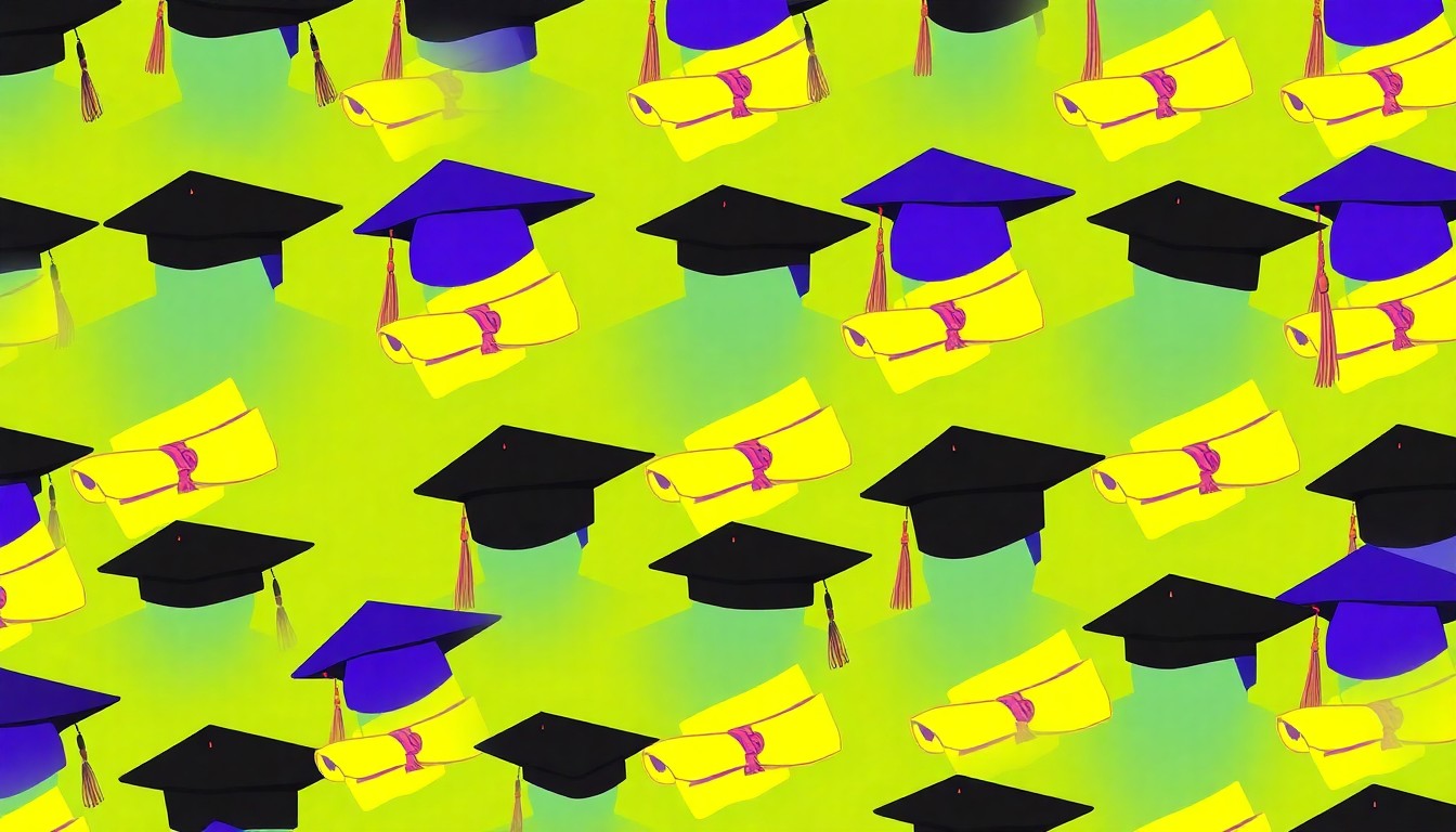 A high-contrast silkscreen print composed of multiple repeating images of a vintage graduation cap and diploma in a grid, using a bold, neon color palette to conceptually represent the perseverance and achievements of Black women pursuing higher education during a time of segregation.