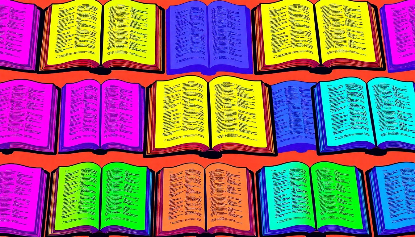 A repeating grid of brightly colored, high-contrast silkscreen images of an open Bible, rendered in a modern pop art style with flat, vibrant neon colors and heavy black outlines, conceptually representing the series' exploration of denominational origins and doctrines through a scriptural lens.