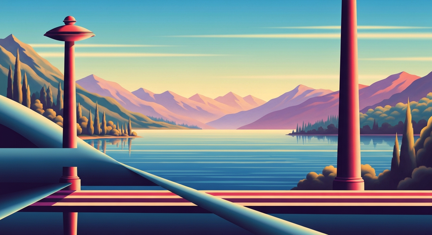 A highly stylized, geometric landscape illustration depicting the sweeping curves of a lake surrounded by rolling hills and forests, capturing the grand scale and natural beauty of the travel destination.