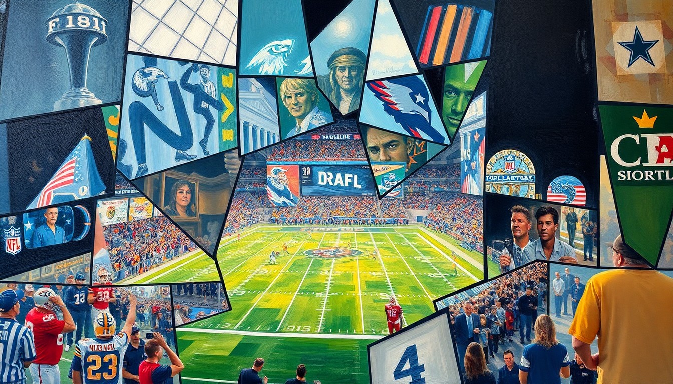 A cubist, geometric painting depicting a fragmented, multi-angled view of a football game or NFL draft event, with sharp, overlapping planes of color and shape representing the complex dynamics at play.