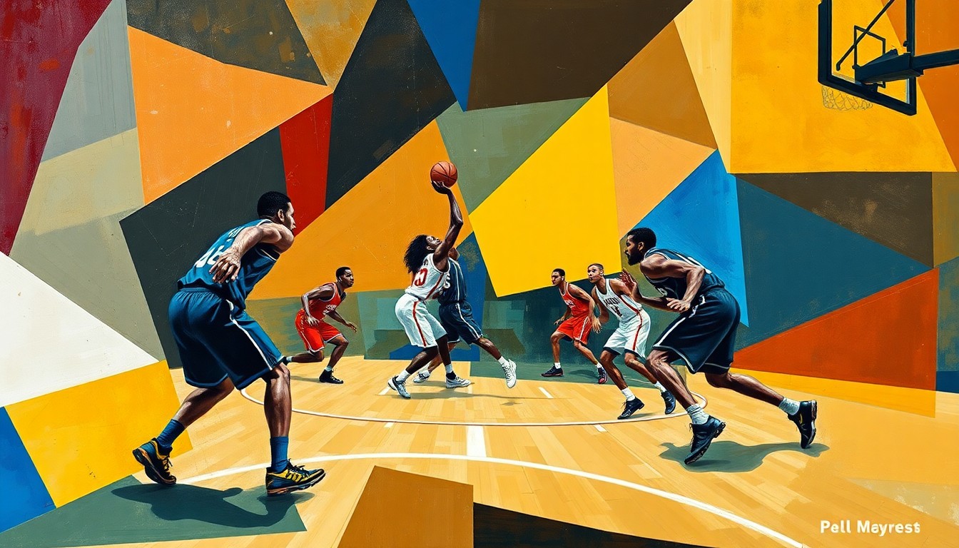 A fragmented, geometric painting depicting the shapes and movements of a basketball game, with the players' forms broken down into sharp, overlapping planes of color and line.