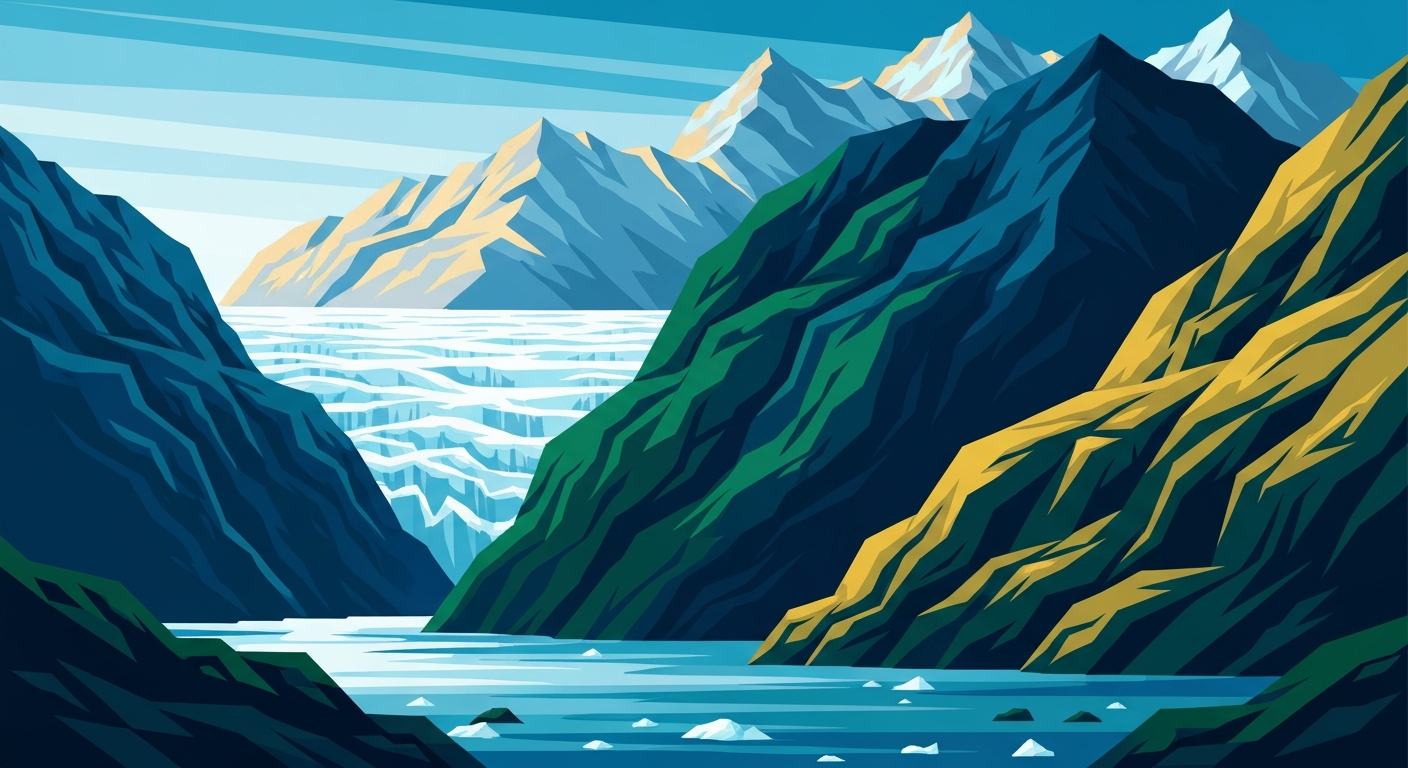 A bold, geometric illustration depicting the dramatic landscape of an Alaskan fjord, with towering angular mountains and a calving glacier in the background, rendered in a vibrant color palette of deep blues, emerald greens, and golden yellows to capture the grandeur of the natural scenery.
