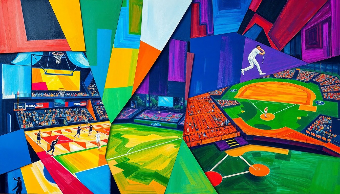 A fragmented, geometric painting depicting various sports scenes including a basketball game, golf tournament, and baseball diamond, all rendered in a vibrant color palette of blues, oranges, and purples.