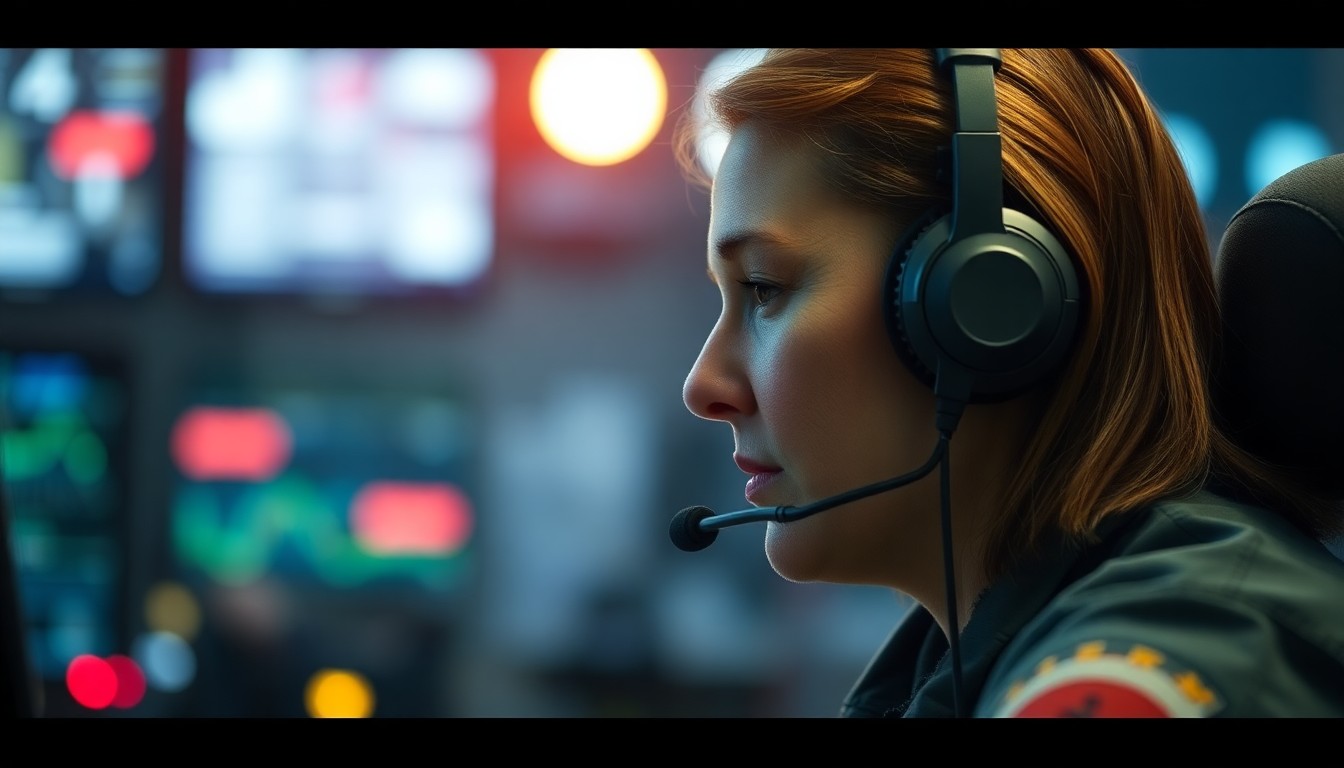An extremely abstracted, out-of-focus photograph of a 911 operator wearing a headset, surrounded by blurred lights and technology, conveying the emotional intensity and unseen labor of emergency dispatch work.