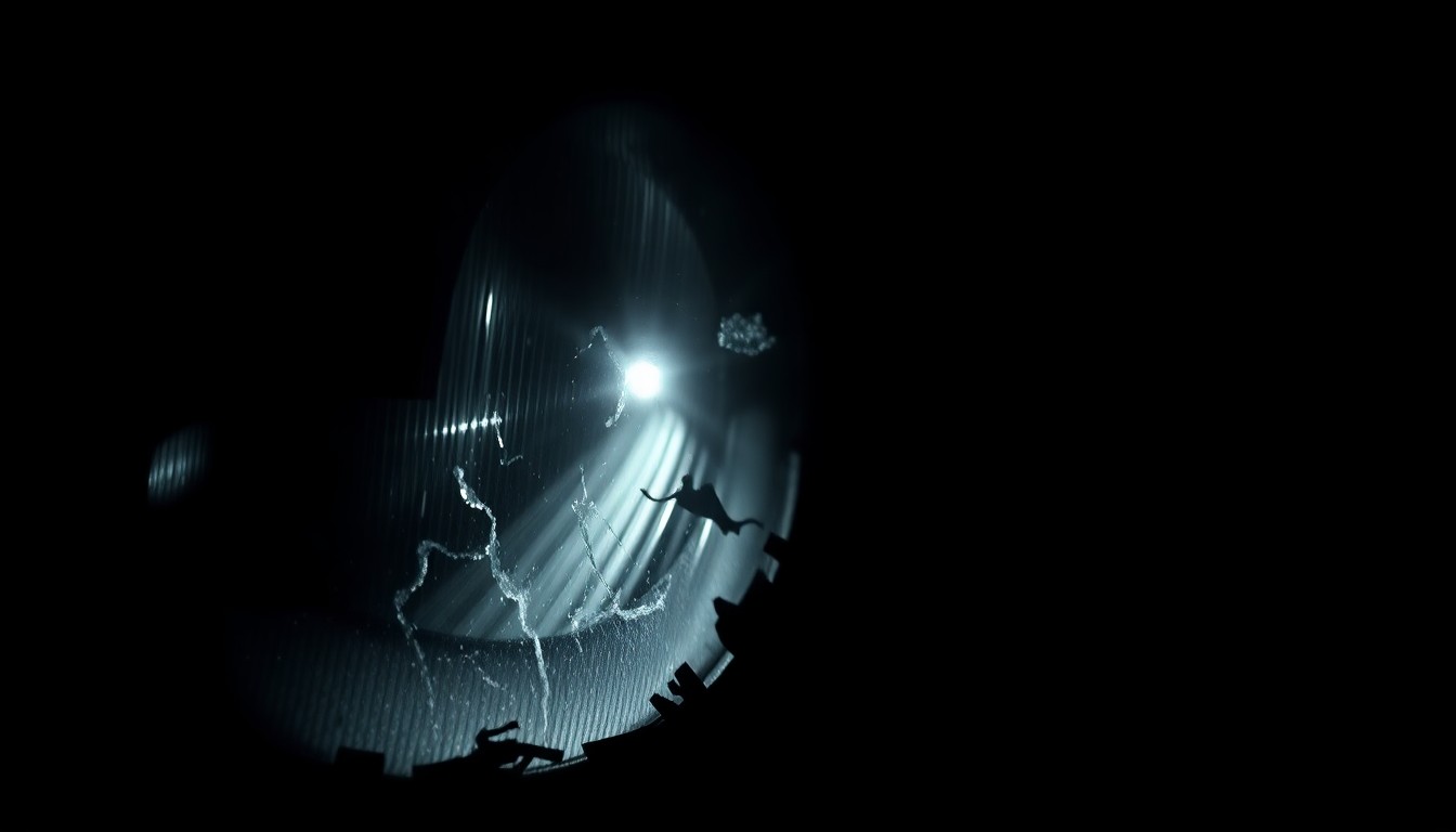 An extreme close-up photograph of a shattered car headlight lens, reflecting the harsh lighting and creating a gritty, investigative aesthetic without depicting any violence or victims.