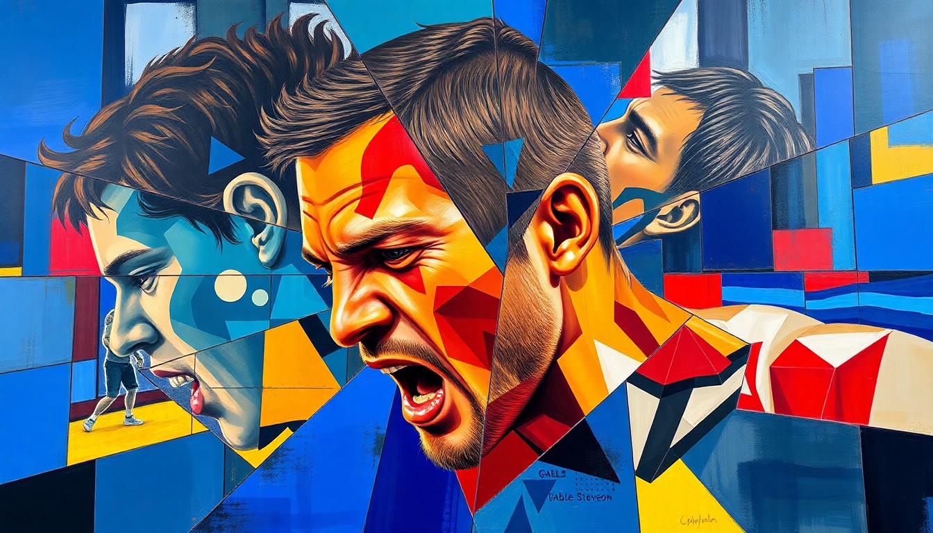 A fractured, multi-perspective painting in vibrant colors depicting Gable Steveson's diverse athletic journey, from NCAA wrestling champion to Olympic gold medalist to UFC prospect, broken down into sharp, overlapping geometric planes.
