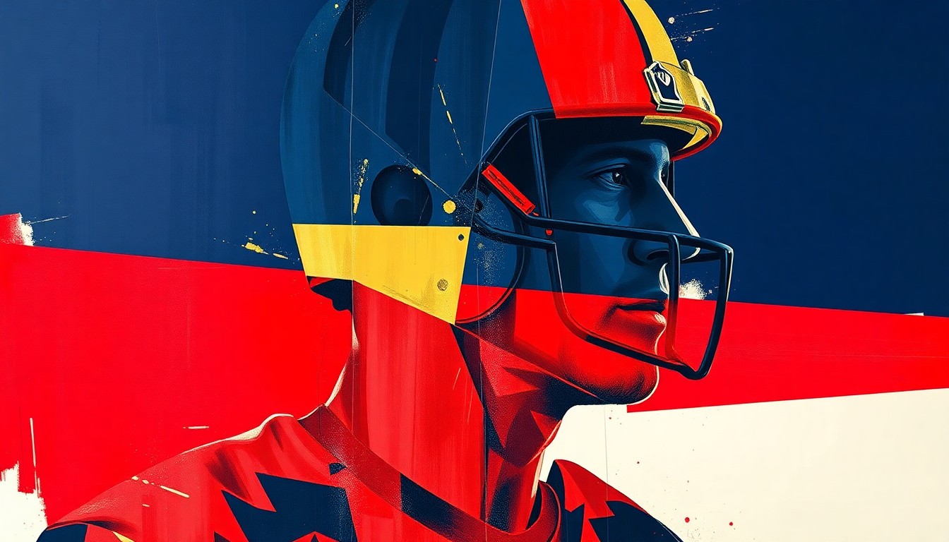 A cubist-style painting featuring a fractured, geometric silhouette of a football player in shades of navy, red, and gold, conveying the tragic nature of the subject's untimely passing.