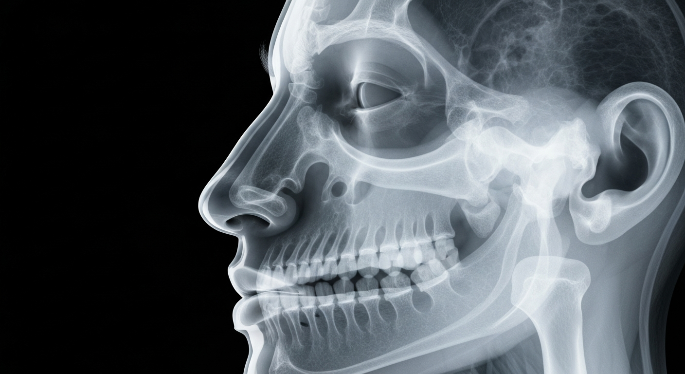 An extreme close-up X-ray photograph showing the ghostly, glowing internal structure of a human face, conceptually representing the severe facial injuries suffered by Karma Davis after a rescue dog attack.