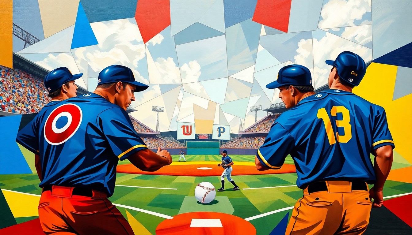 A cubist-style painting featuring overlapping geometric shapes and planes in the colors of the Cubs and Pirates uniforms, dynamically representing the action and energy of the baseball game.