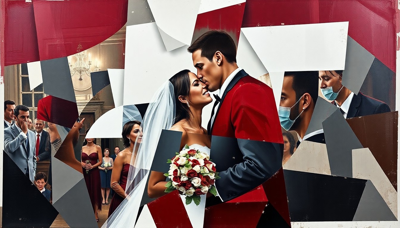 A fragmented, geometric painting in shades of burgundy, grey, and white, depicting the abstract forms and angles of a wedding celebration, without any identifiable people or objects.