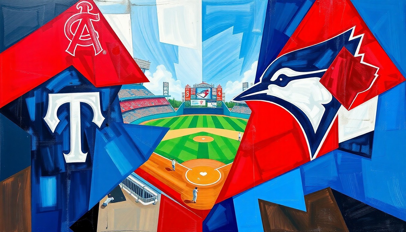 A fractured, geometric painting in the style of Pablo Picasso, with sharp planes of navy blue, red, and white intersecting to depict the action of a baseball game between two teams, the details obscured into an abstract, energetic composition.