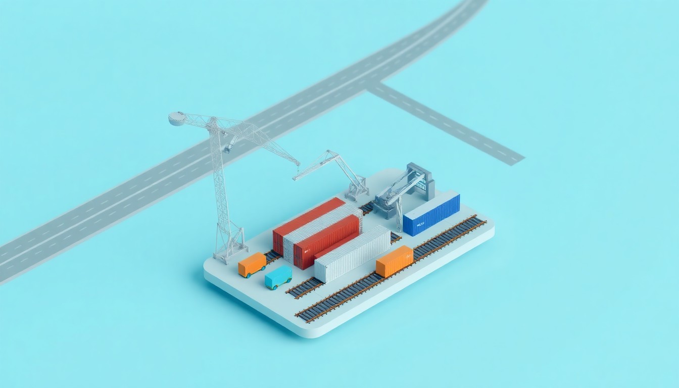 A stylized, isometric 3D illustration depicting a miniature freight rail terminal with intermodal containers and cranes, surrounded by highways and roads in the distance, conceptually representing the new Gainesville Inland Port and its potential to reduce truck traffic in the Atlanta region.