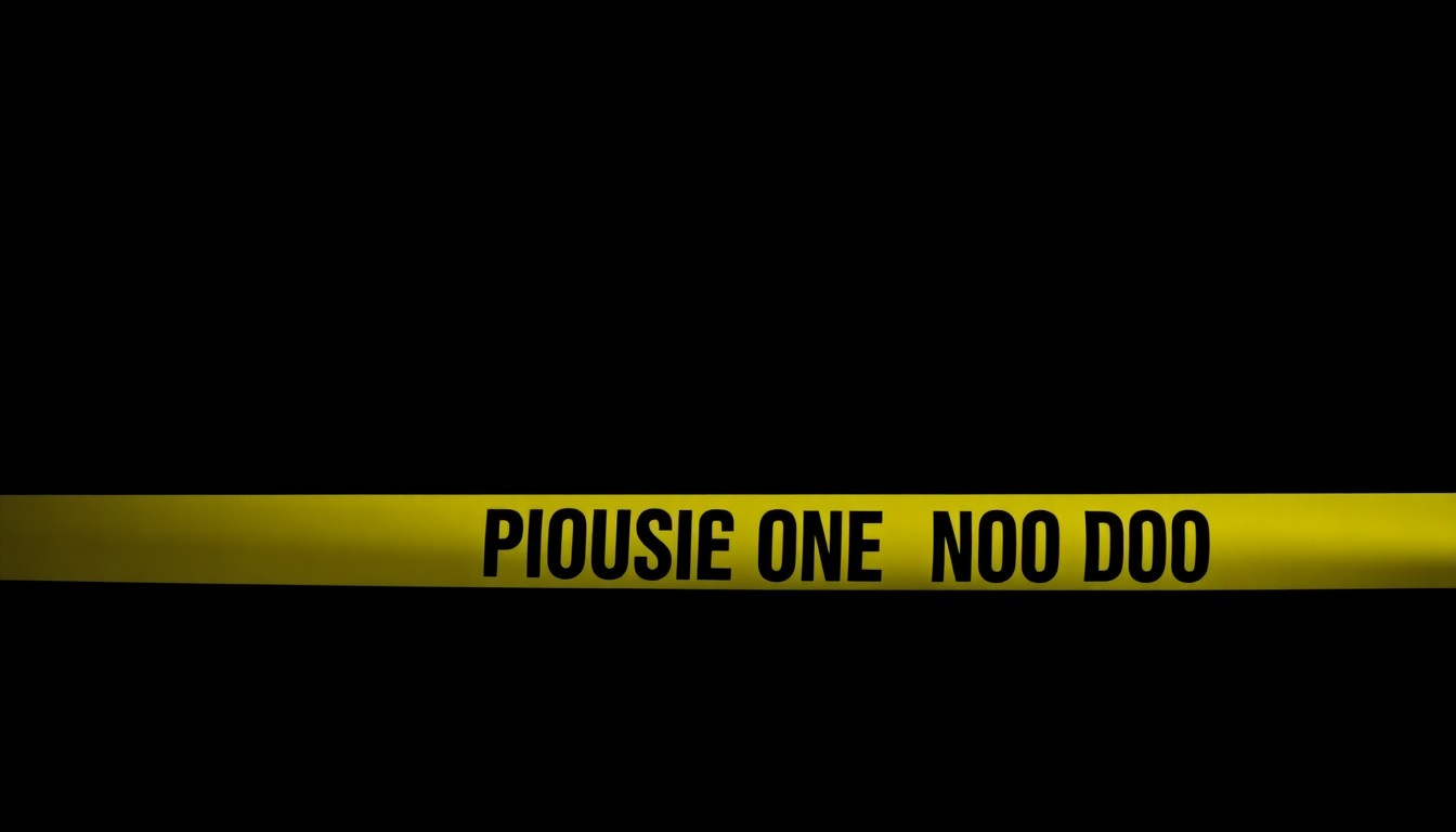 An extreme close-up photograph of a police evidence marker or crime scene tape against a pitch-black background, conveying the stark, gritty, and investigative nature of this tragic incident.