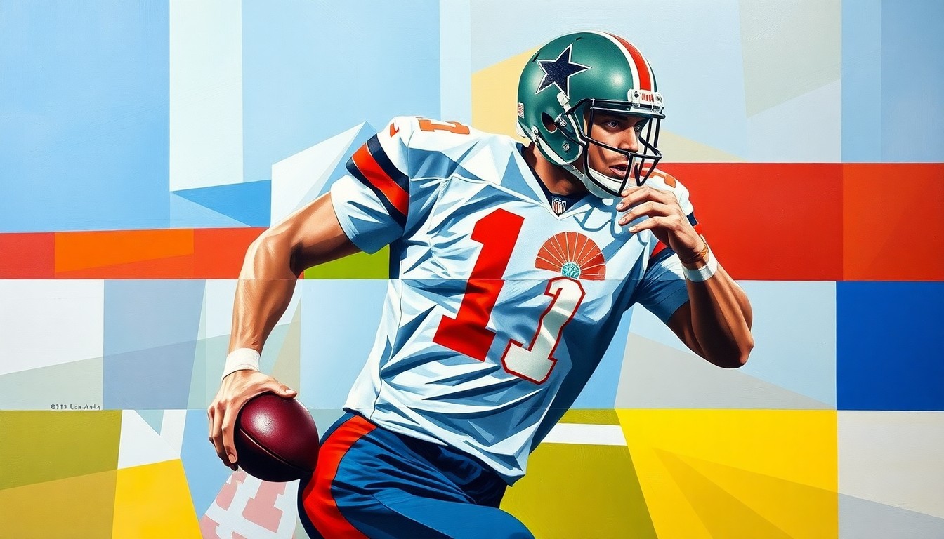 A cubist, geometric painting depicting a football player in motion, with their jersey number partially obscured, representing the individual's role within the team sport.
