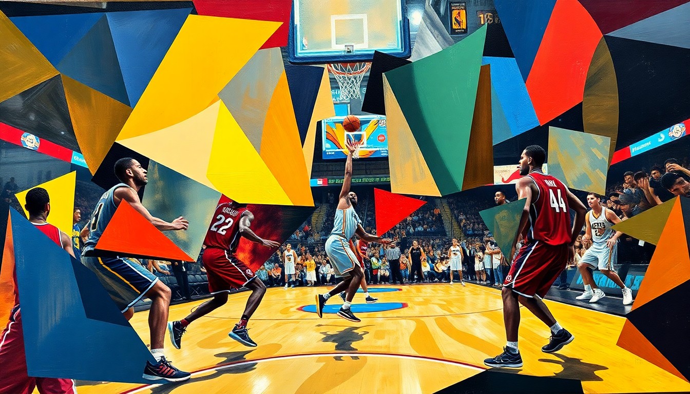 A cubist, geometric painting depicting an abstracted NBA basketball game, with the players' forms broken down into angular, colorful shapes against a fading background.