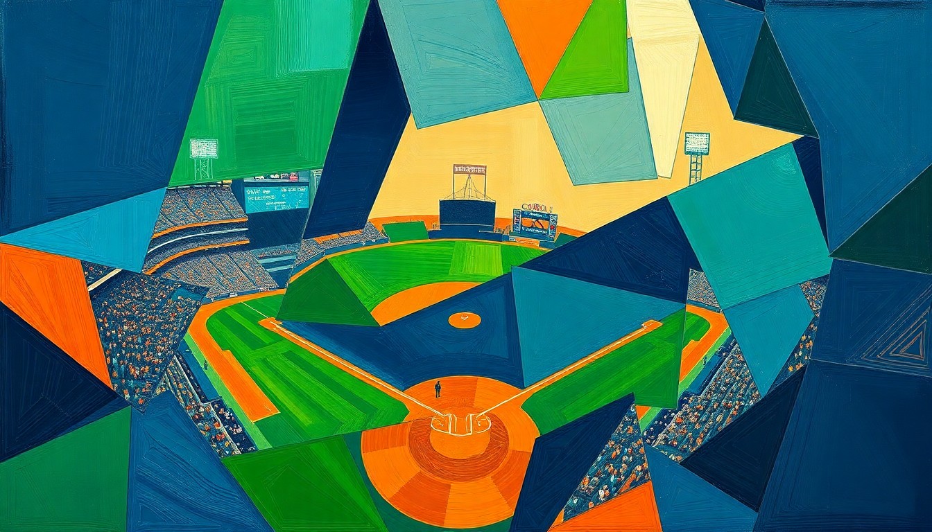 A fragmented, geometric painting depicting the dynamic movements and competing forces of a college baseball game, rendered in bold, contrasting colors.