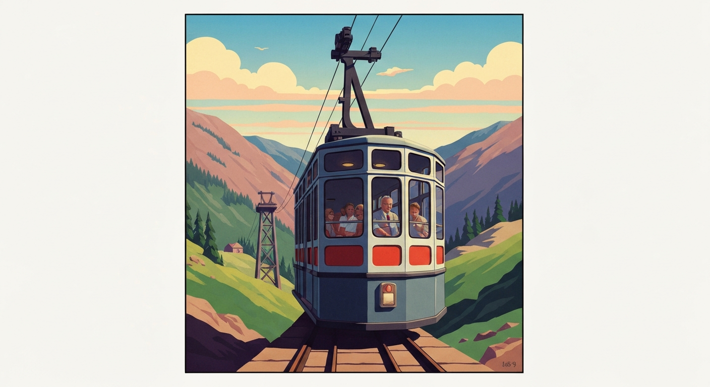 A highly stylized, geometric illustration depicting the sweeping, towering form of the new Mighty Argo Cable Car in Idaho Springs, with the surrounding landscape rendered in bold, airbrushed gradients of color, capturing the grand scale and romantic spirit of this new attraction.