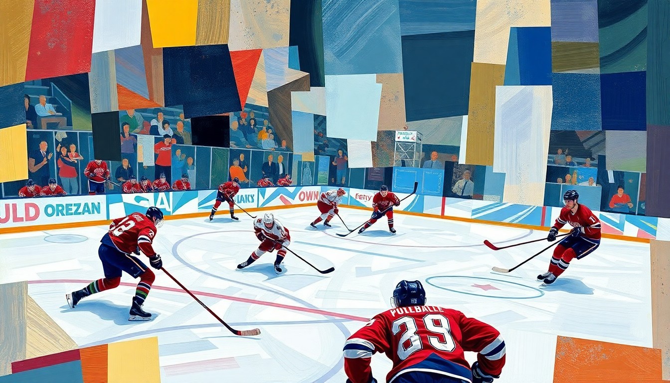 A cubist, geometric painting depicting the dynamic movements and energy of a hockey game, with overlapping planes of ice, sticks, and players in the team colors.