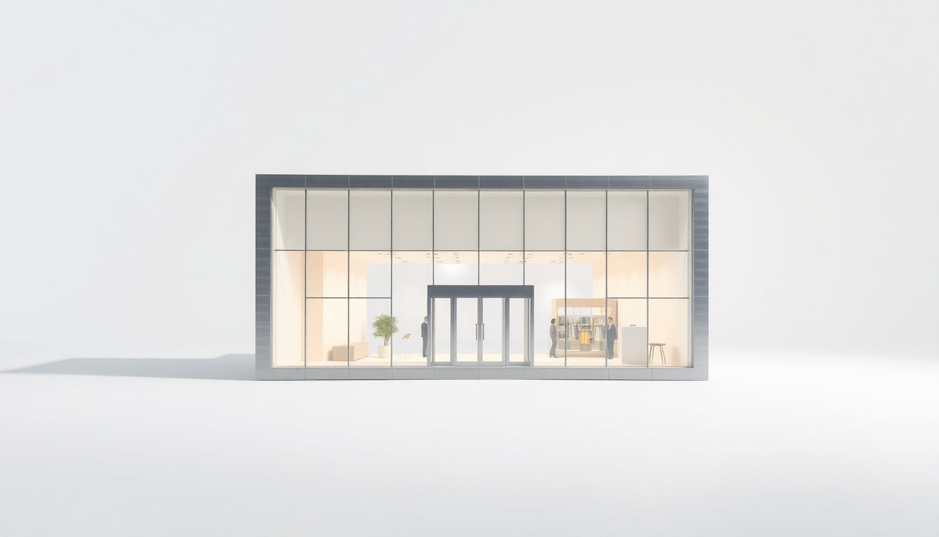 A highly detailed, photorealistic 3D model of a modern shopping mall facade, made of brushed metal and frosted glass, floating on a clean white background and dramatically lit to conceptually represent urban redevelopment and the future of retail.