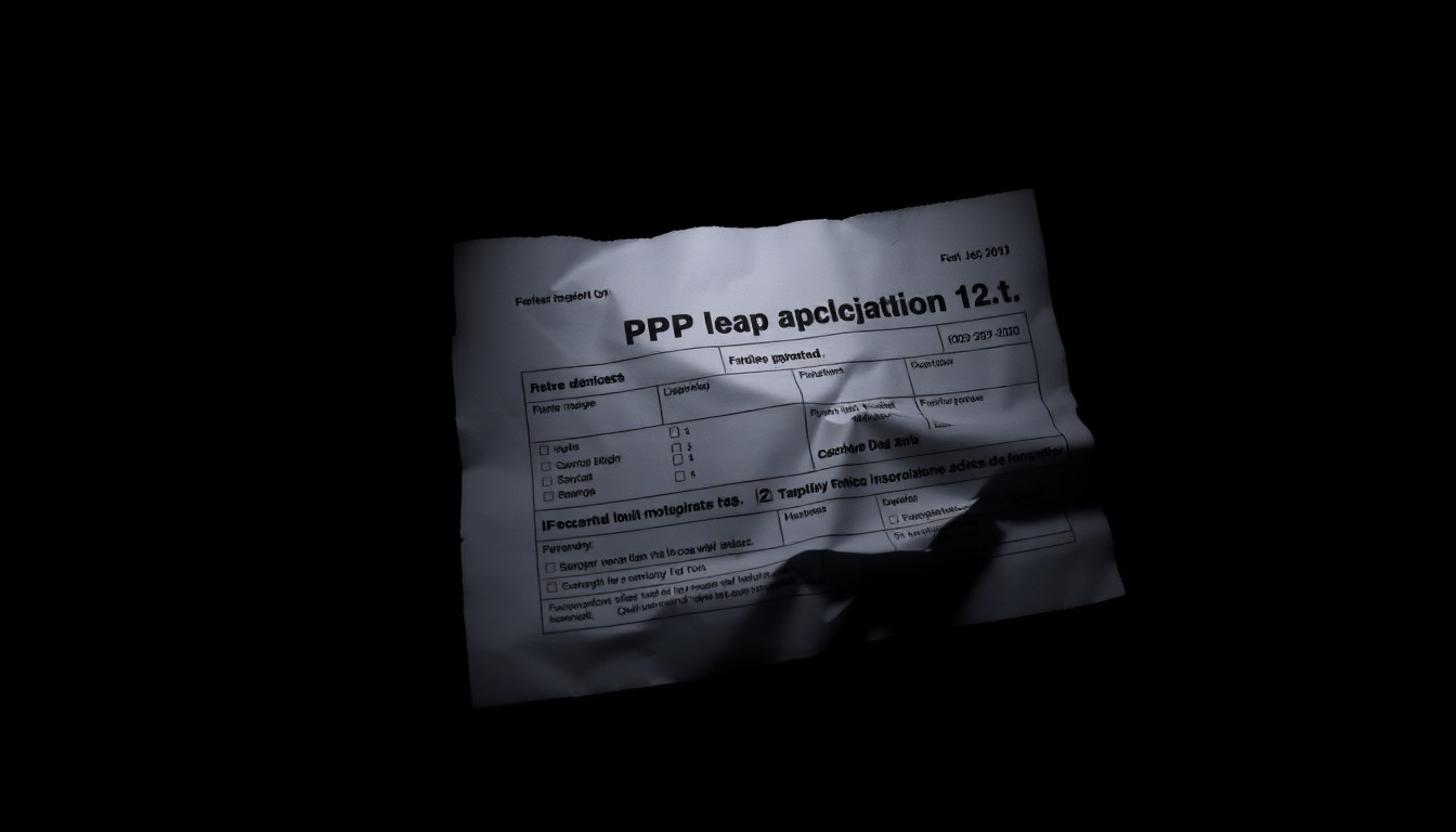 An extreme close-up photograph of a crumpled, torn PPP loan application form, capturing the stark, gritty details of the physical evidence in this fraud case.