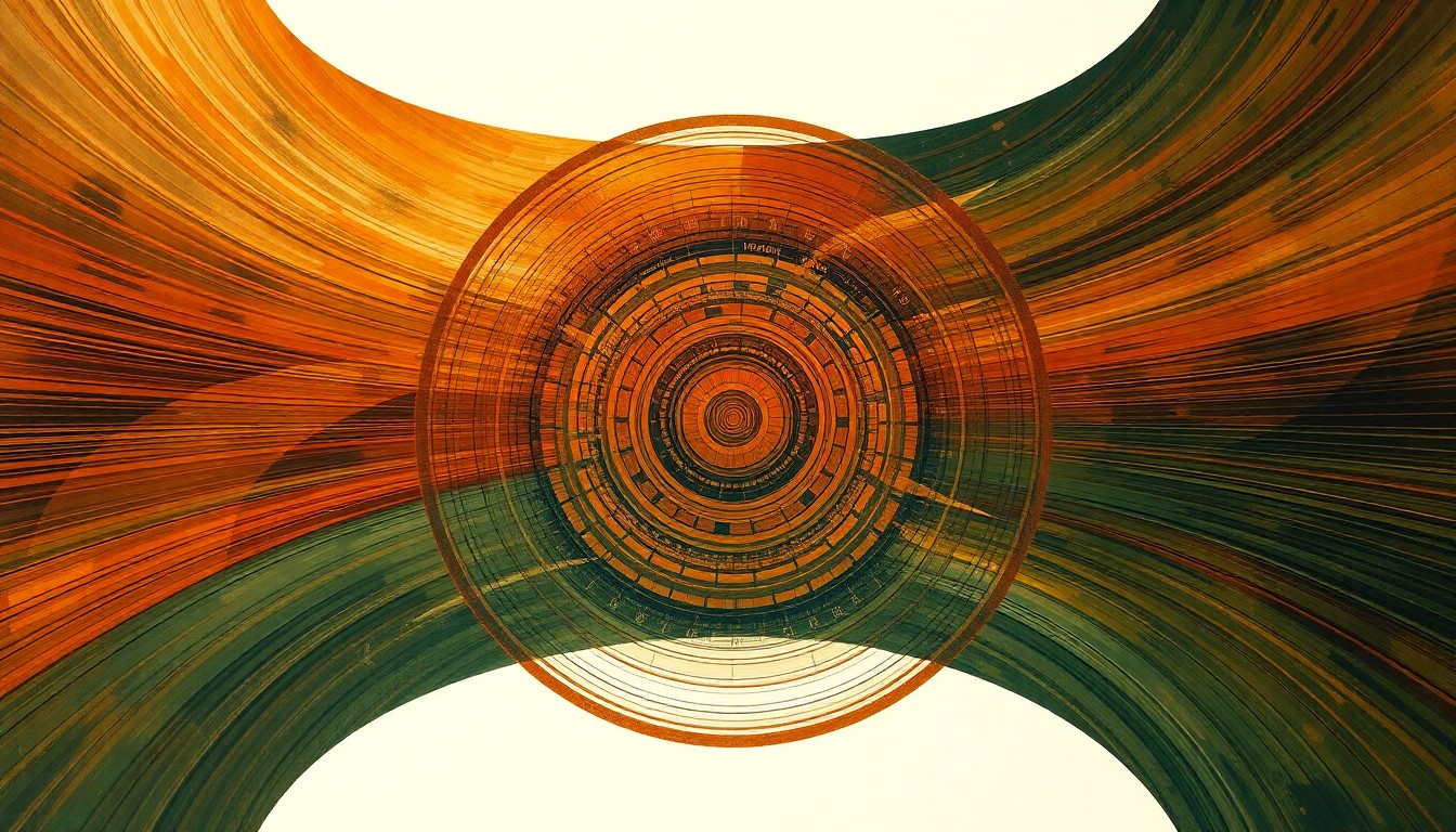 A highly textured, abstract painting featuring sweeping geometric shapes and intersecting waveforms in earthy tones, conceptually representing the complex scientific innovations behind a memory chip capable of operating at 700°C.