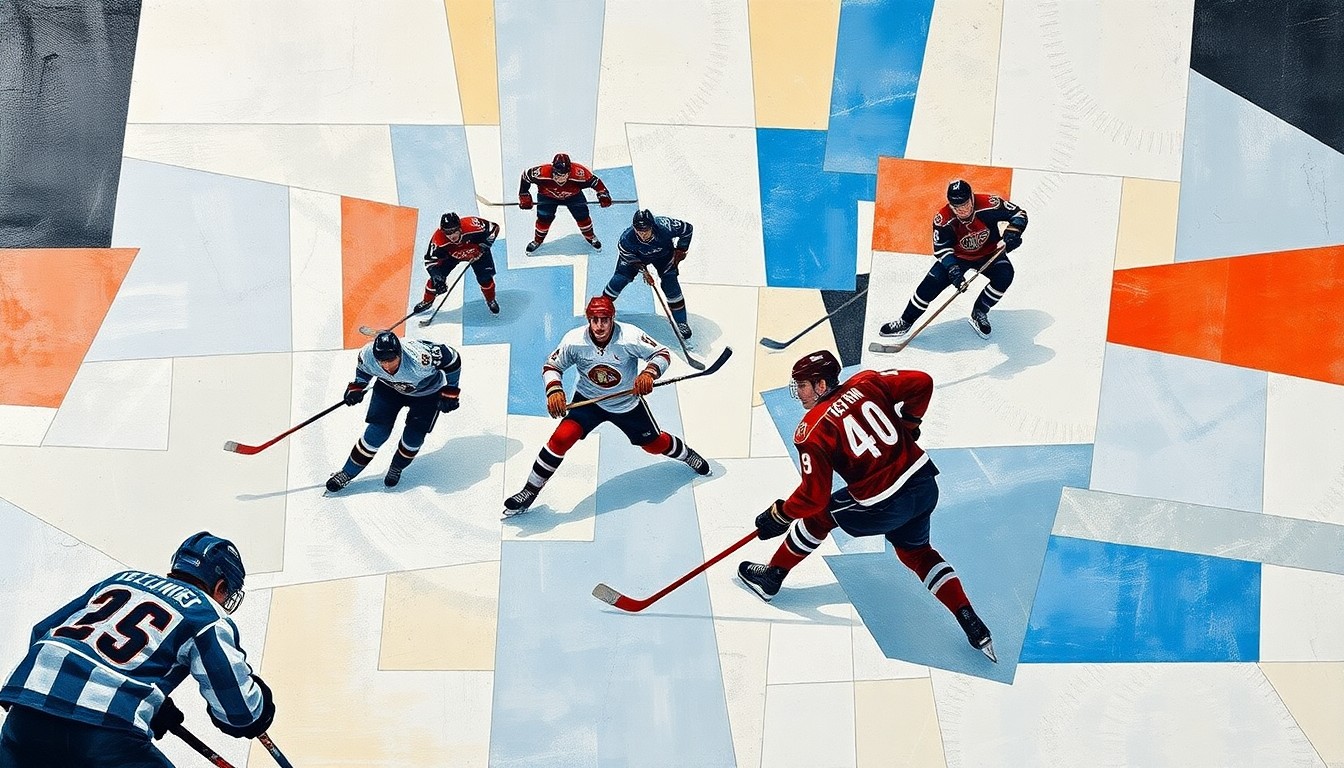 A cubist, geometric painting depicting the chaotic action of a hockey game, with fragmented shapes and planes representing the players, puck, and ice surface in motion.